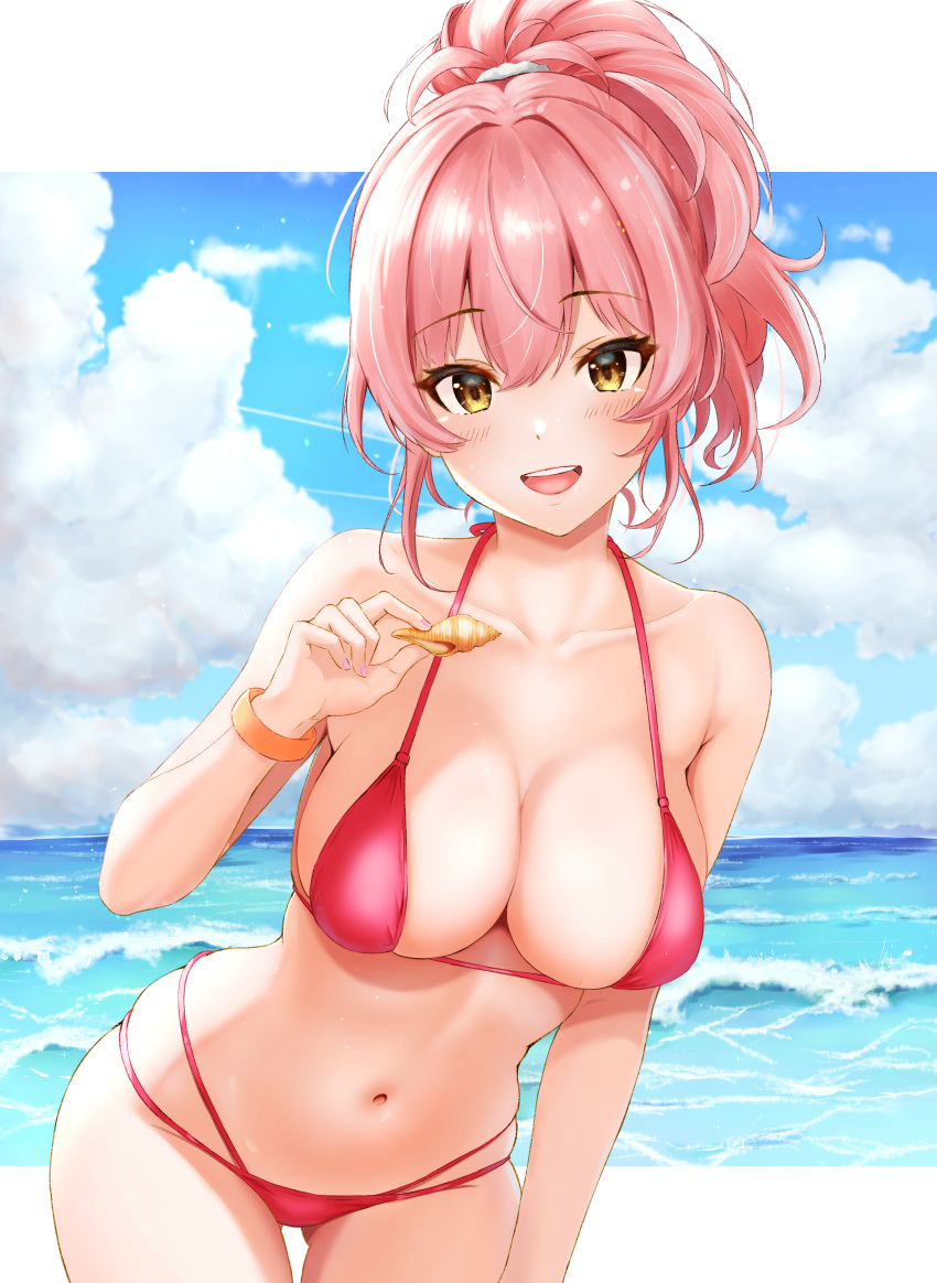 1girl absurdres armpit_crease bare_shoulders bikini blue_sky bracelet breasts ca_paria cleavage cloud cloudy_sky collarbone commentary_request fingernails gold_bracelet gyaru hair_between_eyes hair_ornament hair_scrunchie halterneck high_ponytail highres holding holding_shell idolmaster idolmaster_cinderella_girls jewelry jougasaki_mika large_breasts leaning_forward looking_at_viewer multi-strapped_bikini nail_polish navel ocean open_mouth pink_bikini pink_hair pink_nails ponytail red_bikini revision scrunchie seashell shell short_ponytail skindentation sky smile solo stomach string_bikini swimsuit teeth thighs white_scrunchie yellow_eyes