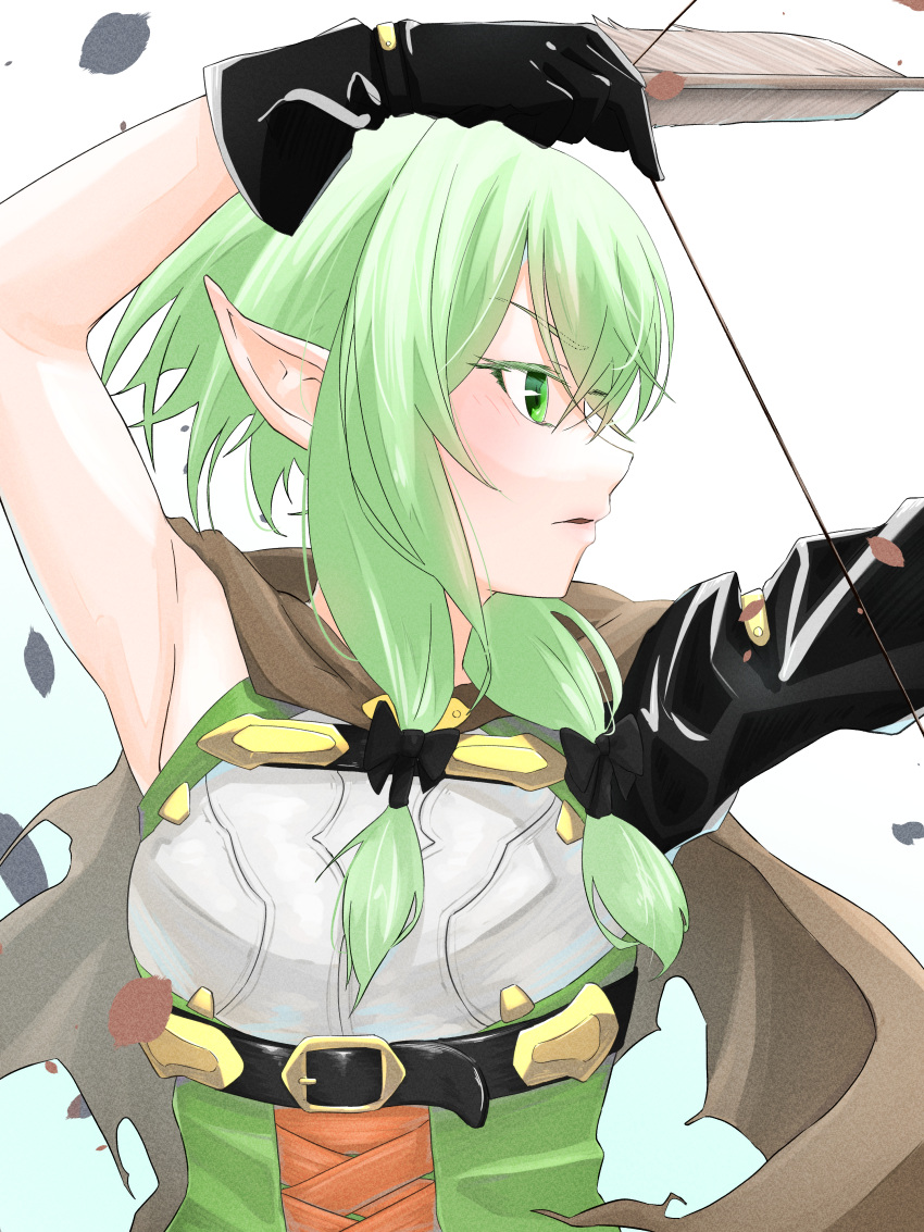 1girl absurdres arm_up arrow_(projectile) black_bow black_gloves bow bow_(weapon) brown_cape cape colored_eyelashes drawing_bow elf gloves goblin_slayer! green_eyes green_hair hair_bow high_elf_archer_(goblin_slayer!) highres holding holding_bow_(weapon) holding_weapon looking_to_the_side parted_lips pointy_ears sidelocks solo torn_cape torn_clothes umihisa1204 upper_body weapon