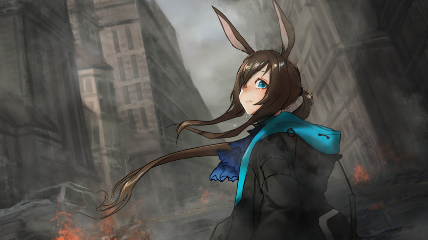 1girl absurdres akaiyou amiya_(arknights) animal_ears arknights ascot black_jacket blue_ascot blue_eyes brown_hair building crying crying_with_eyes_open destruction fire highres hood hooded_jacket jacket long_hair parted_lips ponytail rabbit_ears rabbit_girl ruins solo tears upper_body very_long_hair