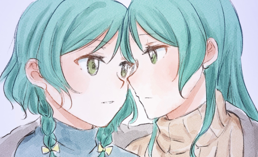 2girls aqua_hair bang_dream! blue_shirt braid brown_sweater green_eyes highres hikawa_hina hikawa_sayo imminent_kiss incest long_hair looking_at_another medium_hair multiple_girls shared_blanket shirt siblings sisters sweater twin_braids twincest twins xin_(blueramen) yuri