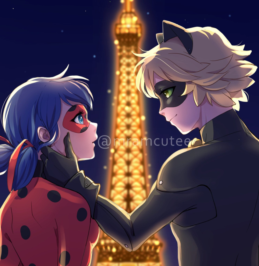 1boy 1girl adrien_agreste black_bodysuit black_gloves black_mask blonde_hair blue_eyes blue_hair bodysuit chat_noir closed_mouth domino_mask eiffel_tower gloves green_eyes highres ladybug_(character) long_hair long_sleeves marinette_dupain-cheng mask miraculous_ladybug polka_dot red_mask short_hair superhero tomm0515 twintails