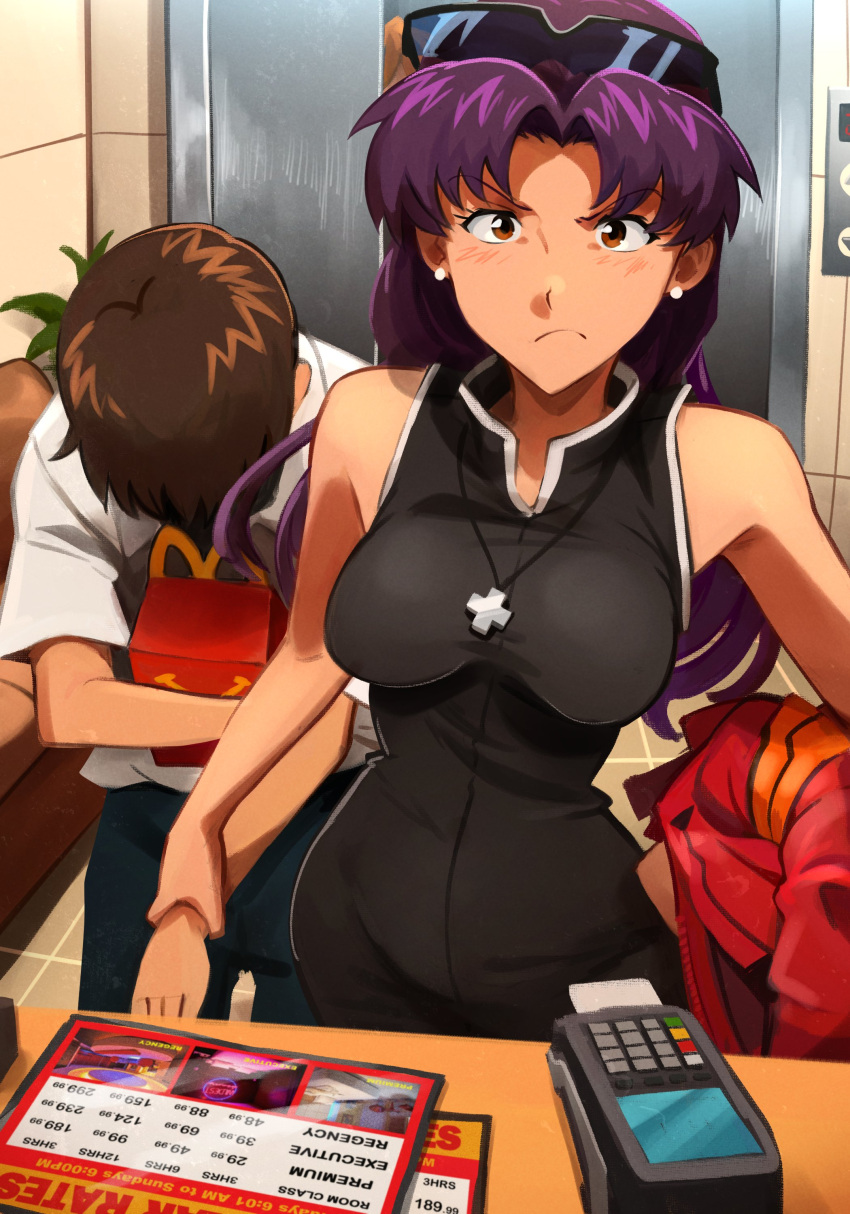 1boy 1girl absurdres angry bare_shoulders black_dress black_pants blush breasts brown_hair couch dress earrings elevator excuse_me_he_asked_for_no_pickles_(meme) eyewear_on_head facing_down frown highres holding holding_another's_wrist holding_clothes holding_jacket ikari_shinji indoors jacket jewelry katsuragi_misato khyle. large_breasts long_hair love_hotel mcdonald's meme neon_genesis_evangelion pants parted_bangs purple_hair red_jacket shirt short_sleeves sunglasses white_shirt