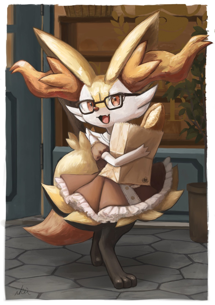 1girl :3 animal_ear_fluff animal_ears animal_feet animal_hands animal_nose artist_name bag baguette bare_shoulders barefoot black-framed_eyewear black_fur body_fur border braixen bread buttons clothed_pokemon collared_dress commentary day door dress fang feet food fox_ears fox_girl fox_tail frilled_dress frills full_body furry furry_female glasses hand_up happy highres holding holding_bag ikei looking_at_viewer multicolored_fur neck_fur off-shoulder_dress off_shoulder open_mouth outdoors outside_border paper_bag plant pokemon pokemon_(creature) potted_plant puffy_short_sleeves puffy_sleeves red_dress red_eyes shopping_bag short_dress short_sleeves signature skin_fang smile snout solo standing stick symbol-only_commentary tail tongue white_border white_fur yellow_fur