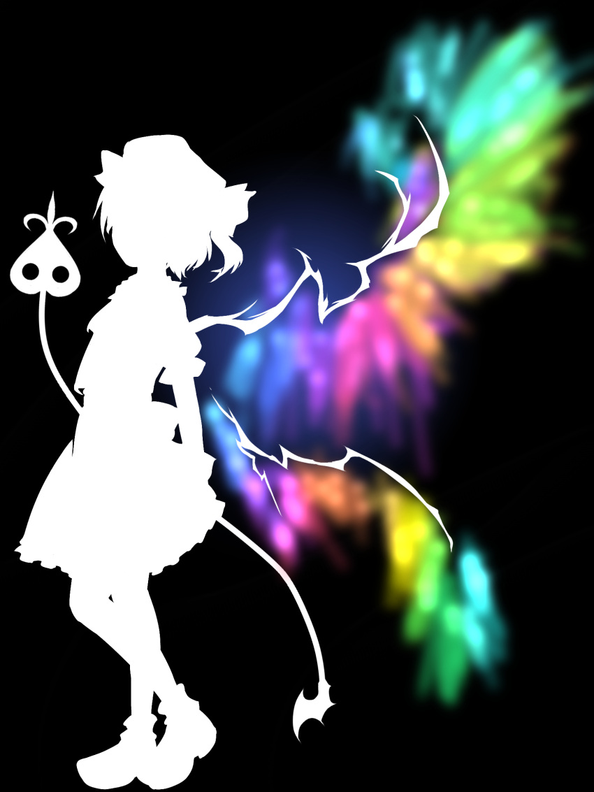 1girl ascot back_bow black_background bow debiru_takako flandre_scarlet frilled_skirt frilled_sleeves frills from_side full_body hat highres holding holding_polearm holding_weapon laevatein_(touhou) mob_cap multicolored_wings polearm puffy_short_sleeves puffy_sleeves short_hair short_sleeves silhouette skirt solo standing touhou vest weapon wings