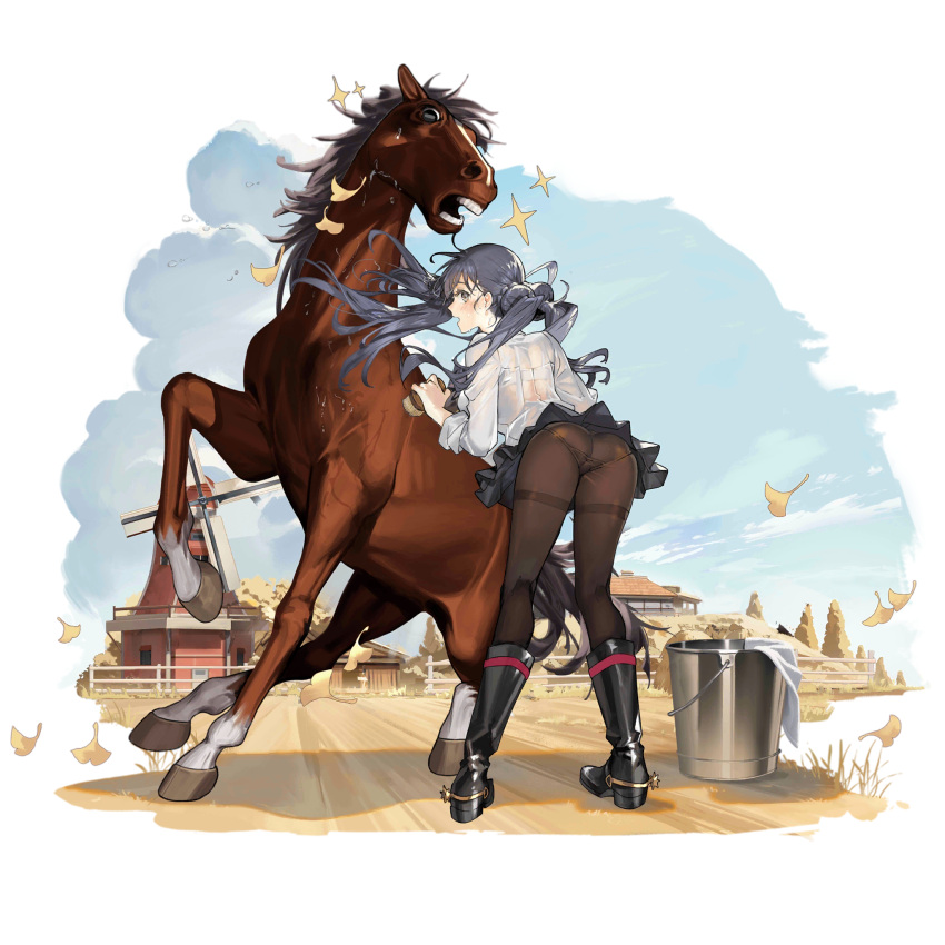 1girl animal ass barn black_footwear black_skirt blush boots bra_visible_through_clothes brown_eyes brown_pantyhose bucket cloud cloudy_sky day falling_leaves farm from_behind full_body girls'_frontline hair_between_eyes haystack highres horse house jockey knee_boots leaf lewis_(gallop_of_gingko_leaves_and_autumn_winds)_(girls'_frontline) lewis_(girls'_frontline) long_hair long_sleeves looking_at_viewer looking_back official_alternate_costume official_art open_mouth outdoors panties panties_under_pantyhose pantyhose pleated_skirt post_and_rail_fence shirt skirt sky solo sparkle spurs starshadowmagician surprised towel transparent_background tree underwear washing washing_another water water_drop white_shirt white_towel windmill yellow_leaves