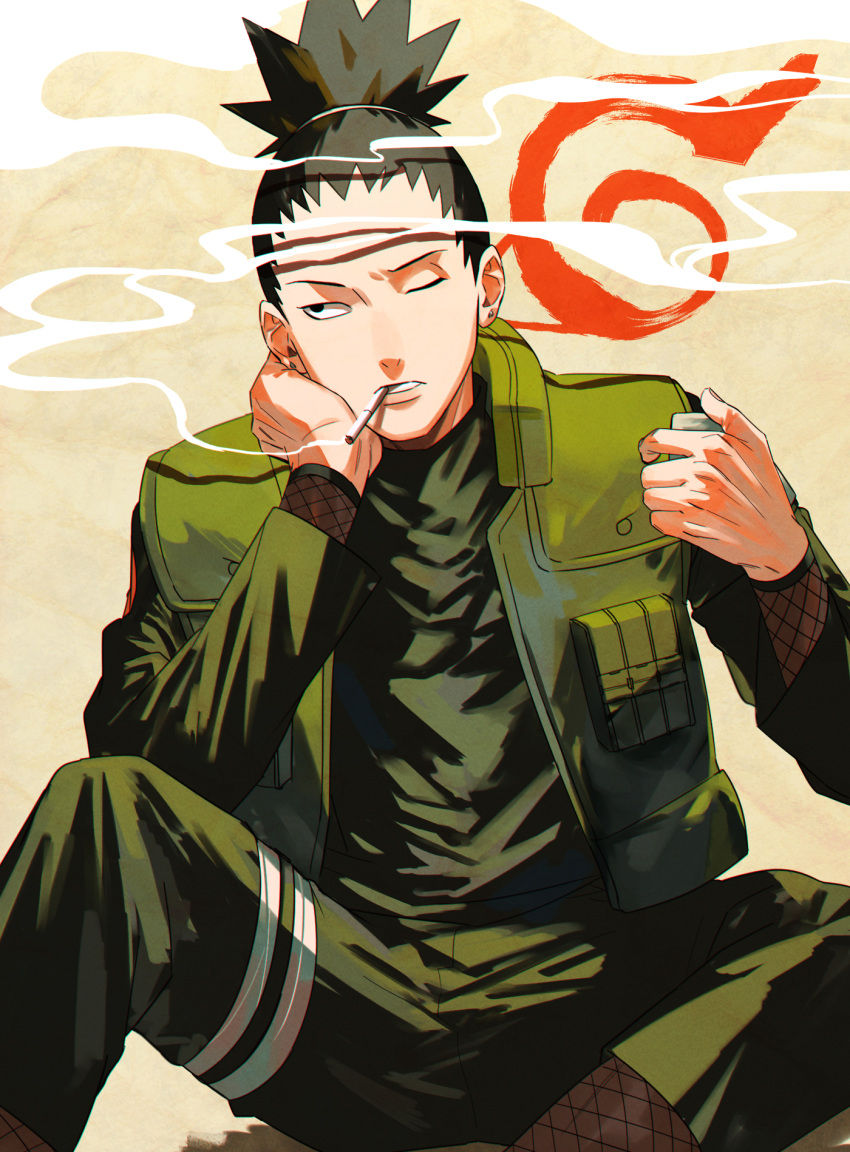 1boy black_eyes black_hair cigarette earrings fishnet_sleeves fishnet_socks fishnets green_jacket green_pants green_shirt highres holding holding_lighter inuzuka_kiba jacket jewelry lighter male_focus mirin_(coene65) naruto_(series) one_eye_closed pants ponytail shirt sitting smoke smoking socks solo