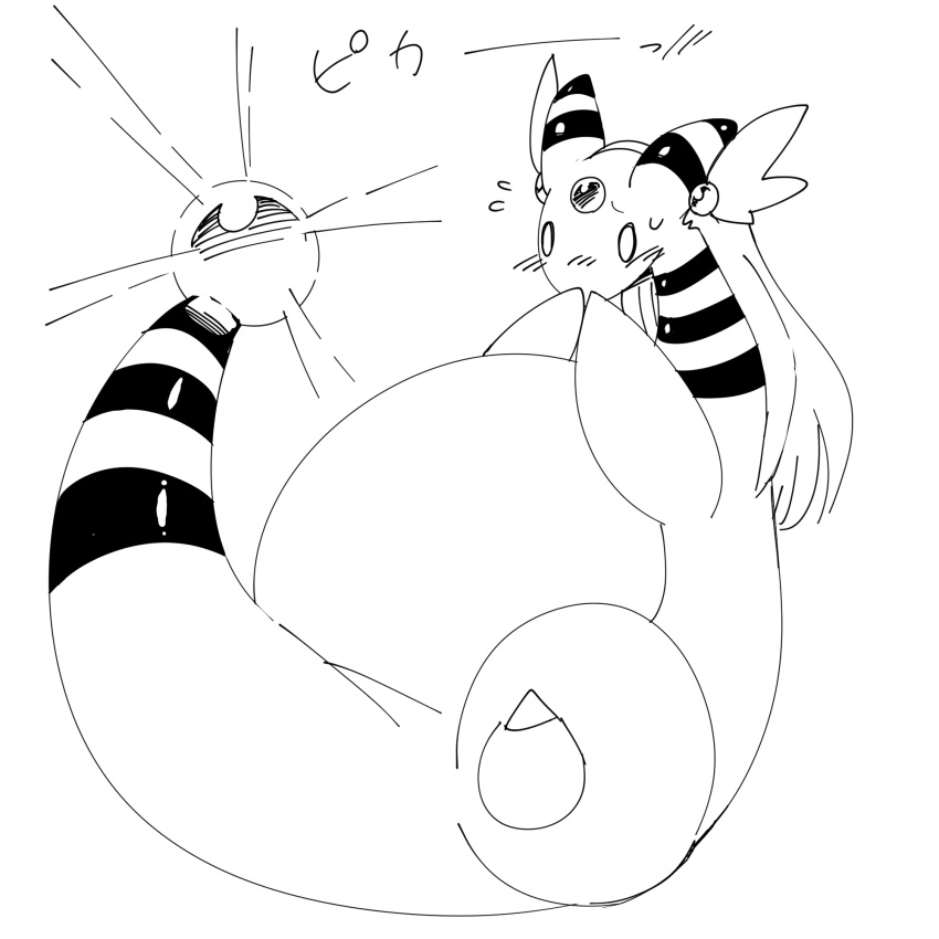 2023 accessory alternate_species ampharos belly blush embarrassed female generation_2_pokemon glowing gym_leader hair hair_accessory hands_together head_gem hi_res implied_transformation japanese_text jasmine_(pokemon) long_neck long_tail monochrome nintendo overweight pokemon pokemon_(species) ravinosuke1 shy solo striped_body stripes stubby_legs tail tail_gem text transformation unsure white_eyes worried