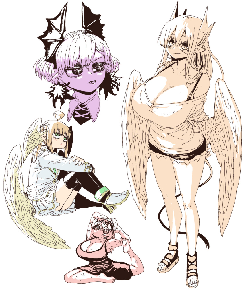 +_+ 4girls :&lt; @_@ ahoge angel angel_wings aohada_bocchi arms_behind_back bat_wings black_bra black_shorts blonde_hair bra bra_strap breasts commentary_request cramp creator_connection demon_girl demon_horns denim denim_shorts feathered_wings feet head_wings highres horns huge_breasts kinjo_no_hito_no_nakimushi lian_(aohada_bocchi) limited_palette long_hair lorem_(mazohaha) multiple_girls musuko_ga_kawaikute_shikatanai_mazoku_no_hahaoya ochiai_(kinjo_no_hito_no_nakimushi) pointy_ears ponytail raspberry_(yakunitatsu_node_chi_o_kudasai) sandals school_uniform shorts sitting smile stretching sweat sweatdrop tail tank_top thick_thighs thighs underwear vampire white_background white_wings wings yakunitatsu_node_chi_o_kudasai zyugoya