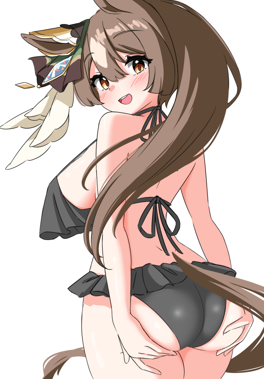 1girl :d akame00 animal_ears ass ass_support back bikini black_bikini blush breasts cowboy_shot from_behind highres horse_ears horse_girl horse_tail large_breasts long_hair looking_at_viewer looking_back open_mouth orange_eyes ponytail satono_diamond_(umamusume) sideboob simple_background smile solo swimsuit tail umamusume very_long_hair white_background