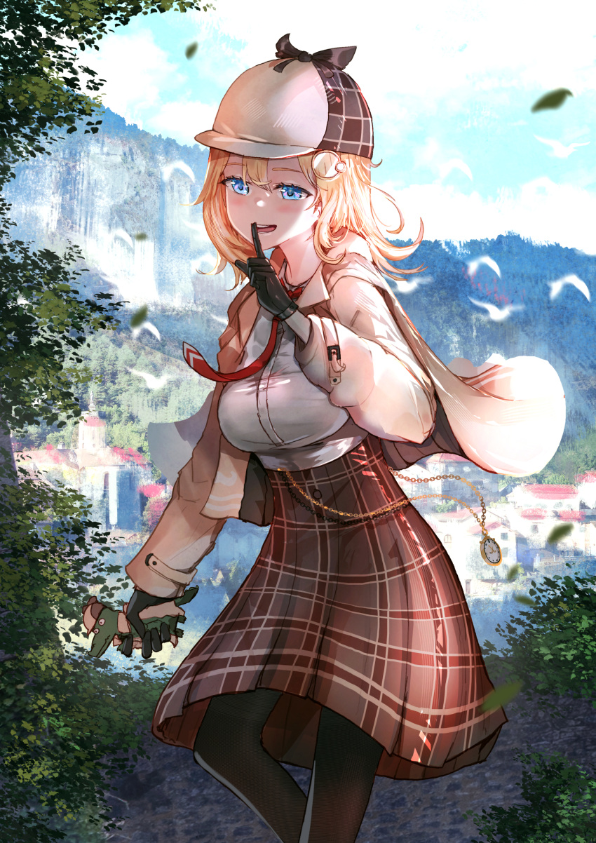 1girl absurdres advarcher black_gloves black_pantyhose blonde_hair blue_eyes blue_sky blush brown_cape brown_headwear brown_skirt cape cloud collared_shirt deerstalker finger_to_mouth gloves hat high-waist_skirt highres hololive hololive_english investigator_(amelia_watson) looking_at_viewer monocle necktie pantyhose pocket_watch red_necktie shirt skirt sky smile solo teeth tree upper_teeth_only virtual_youtuber watch watson_amelia watson_amelia_(1st_costume) white_shirt