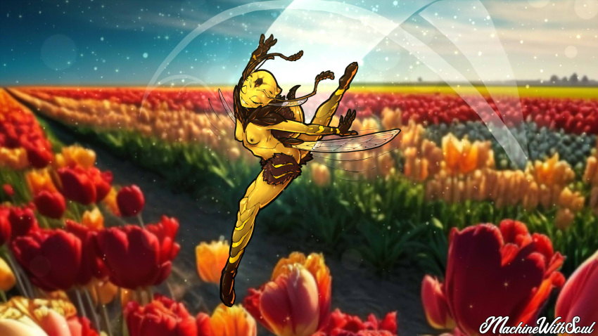 2023 action_pose antennae_(anatomy) anthro arthropod ballerina ballet bee biped black_markings breasts butt butt_wings dancing day exoskeleton eyes_closed female flower forehead_gem gloves_(marking) hi_res hymenopteran insect insect_wings jumping leg_markings machinewithsoul markings micro nipples non-mammal_breasts nude outside photo_background photography_(artwork) plant pose raised_leg small_breasts smile socks_(marking) solo stinger thorax tulip_(flower) wings yellow_body