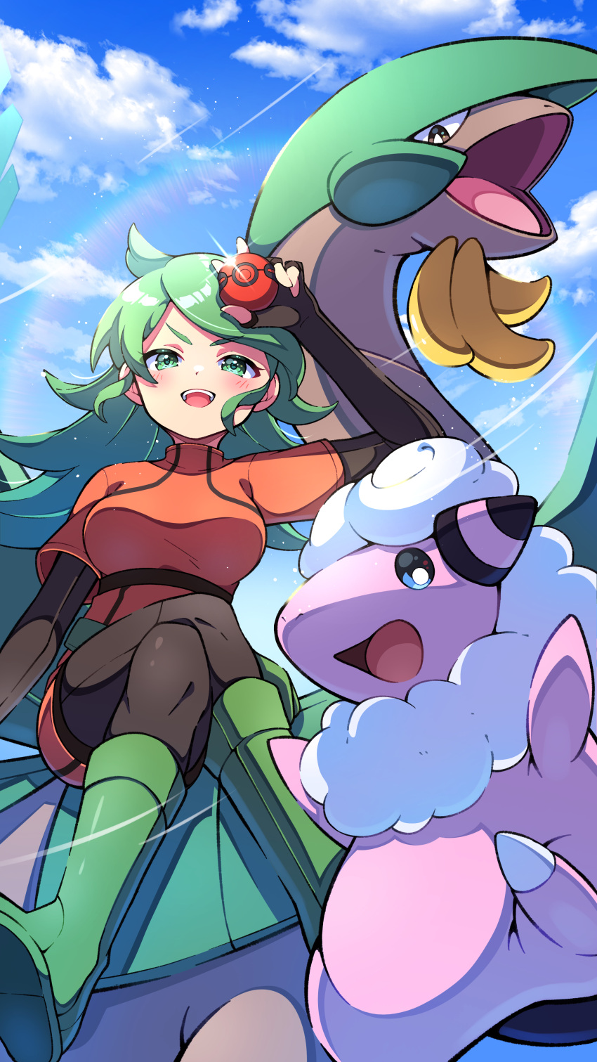 1girl :d absurdres ace_trainer_(pokemon) blush boots breasts cherish_ball cloud commentary_request crossed_legs day fingerless_gloves flaaffy glint gloves green_eyes green_footwear green_hair hand_up highres holding holding_poke_ball jacket long_hair open_mouth orange_jacket orange_skirt outdoors pantyhose poke_ball pokemon pokemon_(creature) pokemon_(game) pokemon_dppt pon_yui riding riding_pokemon sitting skirt sky smile tropius