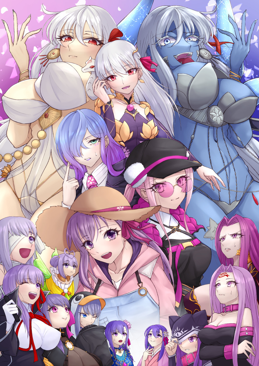 6+girls animal_hood bandage_over_one_eye bandages bb_(fate) black_dress black_headwear blue_eyes blue_hair blue_overalls blue_skin breasts cabbie_hat cerejeira_elron closed_mouth collar colored_skin commentary_request detached_sleeves dress durga_(fate) earrings extra_arms fairy_wings fate/extra fate/extra_ccc fate/grand_order fate/stay_night fate_(series) flower forehead_tattoo gorgon_(fate) gradient_hair green_eyes hair_between_eyes hair_flower hair_ornament hair_over_one_eye hair_ribbon hat highres holding hood hood_down hood_up hoodie index_finger_raised indian_clothes japanese_clothes jewelry kali_(fate) kama_(fate) kasuga_no_tsubone_(fate) kazuradrop_(fate) kikyouta kimono kingprotea_(fate) large_breasts long_hair looking_at_viewer looking_up matou_sakura medusa_(fate) medusa_(lancer)_(fate) medusa_(rider)_(fate) medusa_(saber)_(fate) meltryllis_(fate) meltryllis_(swimsuit_lancer)_(fate) multicolored_hair multiple_girls neck_ribbon necktie one_eye_closed one_eye_covered open_mouth overalls parvati_(fate) passionlip_(fate) penguin_hood pink-tinted_eyewear pink_eyes pink_flower pink_hair pink_hoodie pink_kimono pink_necktie pink_ribbon ponytail purple_eyes purple_hair red_eyes red_ribbon revealing_clothes ribbon round_eyewear short_hair smile straight_hair straw_hat sunglasses sweatdrop tattoo teeth tinted_eyewear tongue tongue_out trait_connection upper_teeth_only very_long_hair white_hair wings