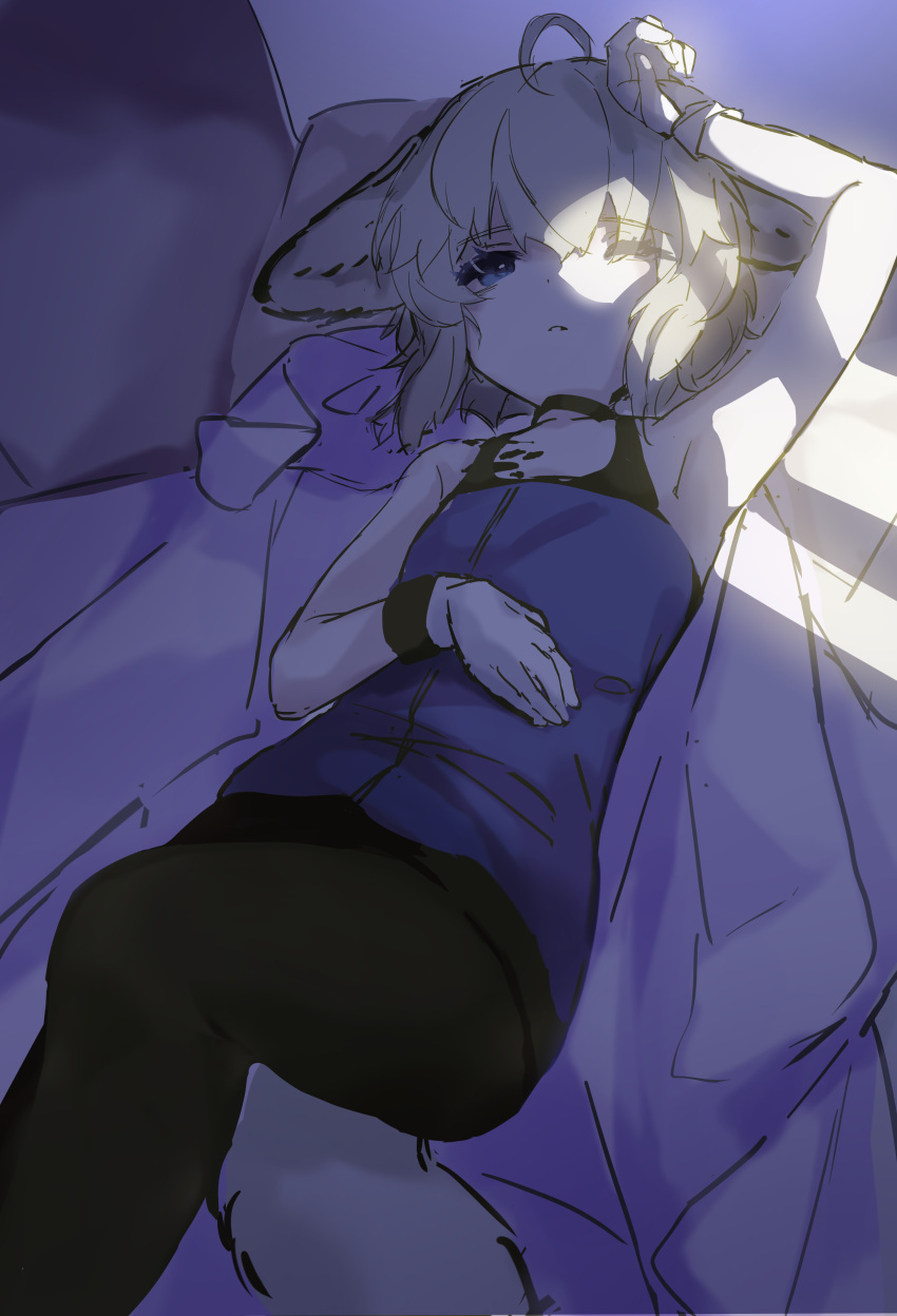 1girl absurdres ahoge animal_ears arknights arm_up armpits bare_shoulders bed_sheet black_choker black_pantyhose blue_dress blue_eyes choker commentary_request cy_fros dress feet_out_of_frame fox_ears fox_girl fox_tail gloves grey_hair hair_between_eyes highres lying on_back one_eye_closed pantyhose parted_lips sleeveless sleeveless_dress solo sussurro_(arknights) tail white_gloves