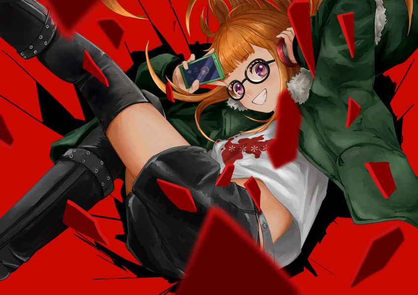 1girl absurdres artist_name bangs behind-the-head_headphones black_shorts black_thighhighs blunt_bangs blurry boots cellphone depth_of_field floating_hair fur-trimmed_jacket fur_trim glass_shards glasses green_jacket grin headphones highres holding holding_phone jacket long_hair looking_at_viewer midriff_peek nemo_ringo orange_hair persona persona_5 phone print_shirt purple_eyes red_background sakura_futaba shirt short_shorts shorts smartphone smile solo teeth thighhighs thighs white_shirt