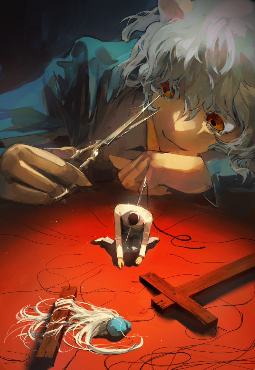 1boy 1other :3 androgynous animal_ears cat_ears chimera_ant cross death decapitation glint highres holding holding_scissors horror_(theme) hun_bbokbbok hunter_x_hunter impaled kite_(hunter_x_hunter) kneeling marionette needle neferpitou on_table puppet scissors sewing_needle short_hair spoilers table