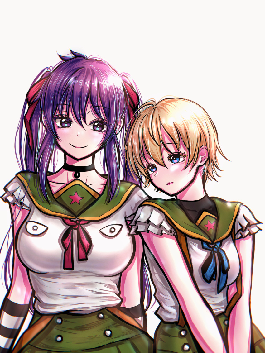 2girls azulasi black_choker blonde_hair blue_eyes blue_ribbon breasts choker ebisuzawa_kurumi gakkou_gurashi! green_skirt hair_between_eyes highres long_hair looking_at_viewer medium_breasts multiple_girls naoki_miki purple_eyes purple_hair red_ribbon ribbon school_uniform short_hair short_sleeves simple_background sitting skirt small_breasts smile white_background