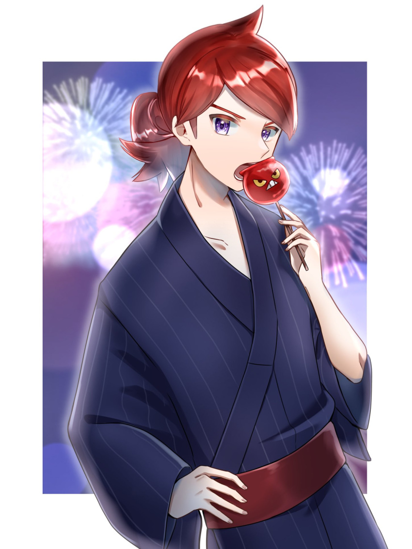 1boy border candy_apple character_print collarbone commentary_request cowlick crobat eating fireworks food hand_on_own_hip hand_up highres japanese_clothes kamicho_musharu kimono long_hair looking_at_viewer male_focus night open_mouth outdoors pokemon pokemon_(game) pokemon_hgss purple_eyes red_hair red_sash sash silver_(pokemon) solo teeth tongue white_border yukata