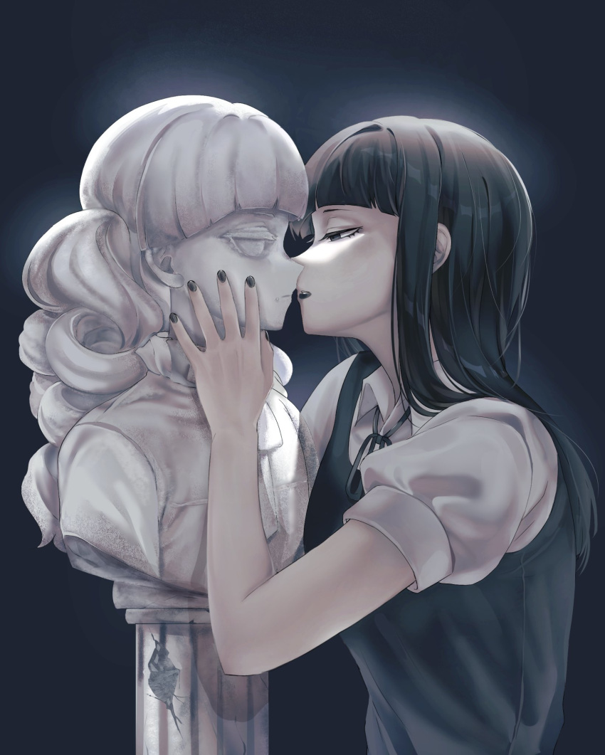 2girls black_hair black_lips black_nails blunt_bangs bust_(sculpture) curly_hair fear_&amp;_hunger fear_&amp;_hunger_2:_termina half-closed_eyes highres hime_cut imminent_kiss lilio long_hair marina_(fear_&amp;_hunger) multiple_girls neck_ribbon parted_lips ribbon samarie_(fear_&amp;_hunger) short_sleeves sidelocks statue straight_hair upper_body