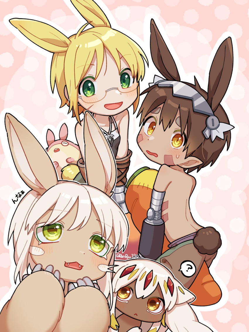 1boy 3girls ? animal_ears blonde_hair brown_fur brown_hair commentary_request cyberpunk cyborg dark-skinned_female dark_skin facial_mark fangs faputa furry green_eyes highres joints long_hair looking_at_viewer made_in_abyss mechanical_arms mechanical_hands mechanical_parts multiple_girls nanachi_(made_in_abyss) open_mouth prosthesis rabbit_ears rabbit_tail ranryu330 regu_(made_in_abyss) riko_(made_in_abyss) robot_joints short_hair smile spoken_question_mark tail topless_male whiskers white_hair yellow_eyes