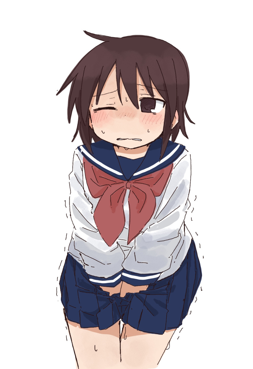 1girl between_legs blue_sailor_collar blue_skirt blush brown_eyes brown_hair clenched_teeth commentary_request cowboy_shot flat_chest hair_between_eyes half-closed_eye hand_between_legs have_to_pee highres long_sleeves looking_at_viewer miniskirt neckerchief nose_blush one_eye_closed original own_hands_together pleated_skirt ponnu_(tnpn2yw) red_neckerchief sailor_collar school_uniform serafuku shirt short_hair sidelocks simple_background skirt solo standing teeth thighs v_arms wavy_mouth white_background white_shirt wince