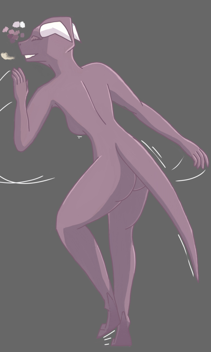 5_fingers anthro big_breasts boganafoganasee_(artist) bracelet breasts butt dancing digitigrade dragon eyes_closed female fingers georgia_nim_coaler hi_res horn jewelry motion_lines nude purple_body purple_skin shaded simple_background simple_coloring simple_shading smile solo tail