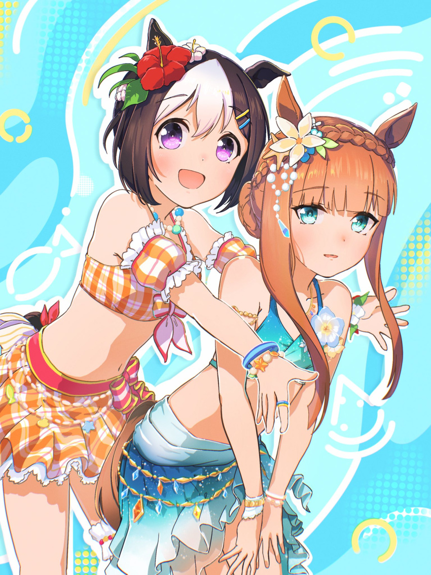 2girls :d animal_ears aqua_eyes arm_garter bare_shoulders bead_necklace beads bikini bikini_skirt blunt_bangs braid brown_hair crown_braid ear_flower flower frilled_bikini frills from_side green_bikini green_sarong hair_between_eyes hair_flower hair_ornament hibiscus highres horse_ears horse_girl horse_tail jewelry looking_at_viewer looking_to_the_side multicolored_hair multiple_girls necklace official_alternate_costume official_alternate_hairstyle orange_bikini orange_hair plaid plaid_bikini plaid_sleeves ponpochi purple_eyes sarong short_hair sidelocks silence_suzuka_(emerald_on_the_waves)_(umamusume) silence_suzuka_(umamusume) smile special_week_(hopping_vitamin_heart)_(umamusume) special_week_(umamusume) summer's_sunlight_fades_to_blue_(umamusume) swimsuit tail two-tone_hair umamusume umamusume_summer_story_(umamusume) wrist_flower