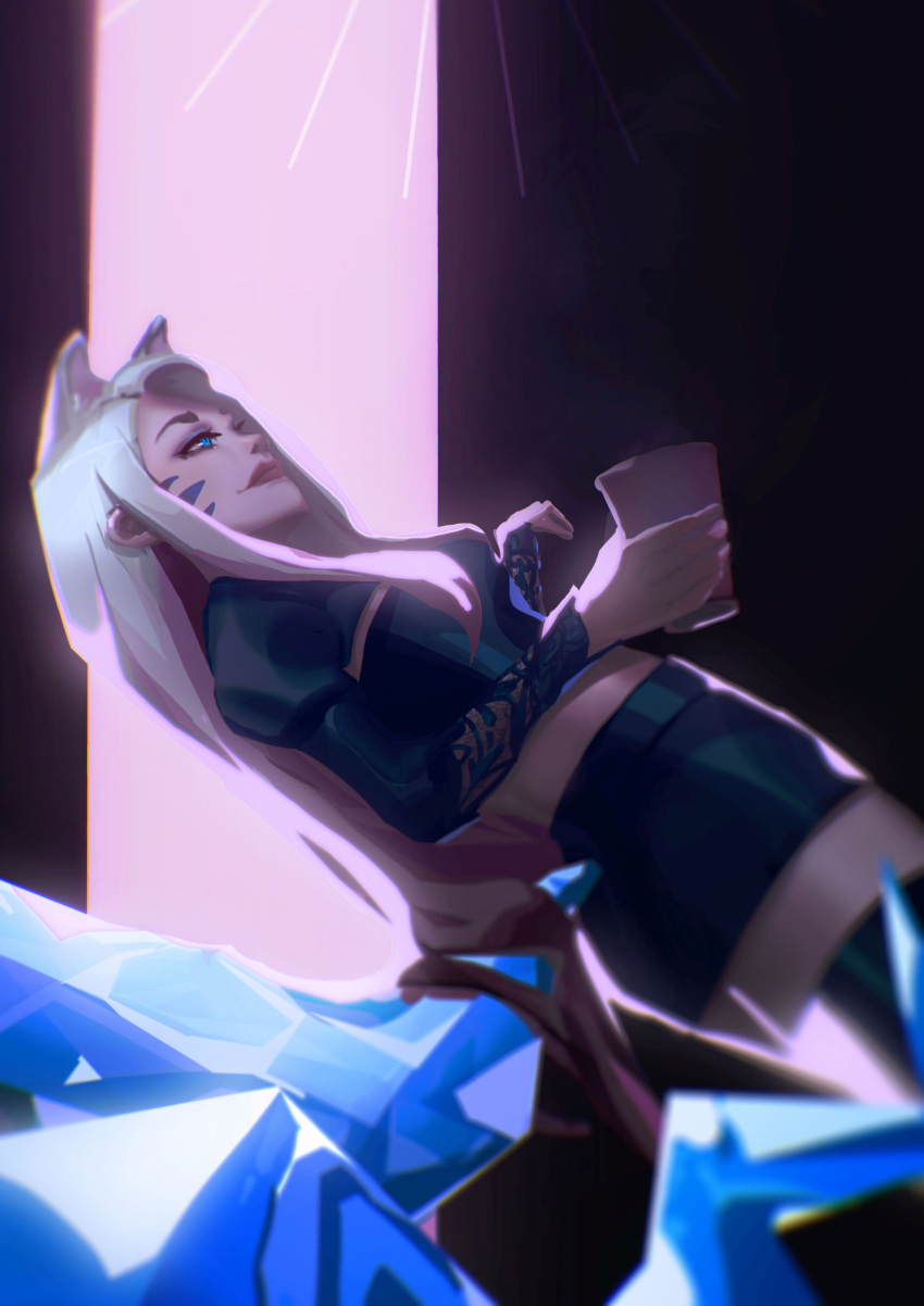 0elber 1girl absurdres ahri_(league_of_legends) animal_ears black_skirt blonde_hair blue_eyes breasts closed_mouth cowboy_shot crop_top crystal_tail facial_mark fox_ears fox_girl fox_tail highres k/da_(league_of_legends) league_of_legends looking_to_the_side makeup medium_breasts pencil_skirt sidelocks skirt solo tail the_baddest_ahri whisker_markings