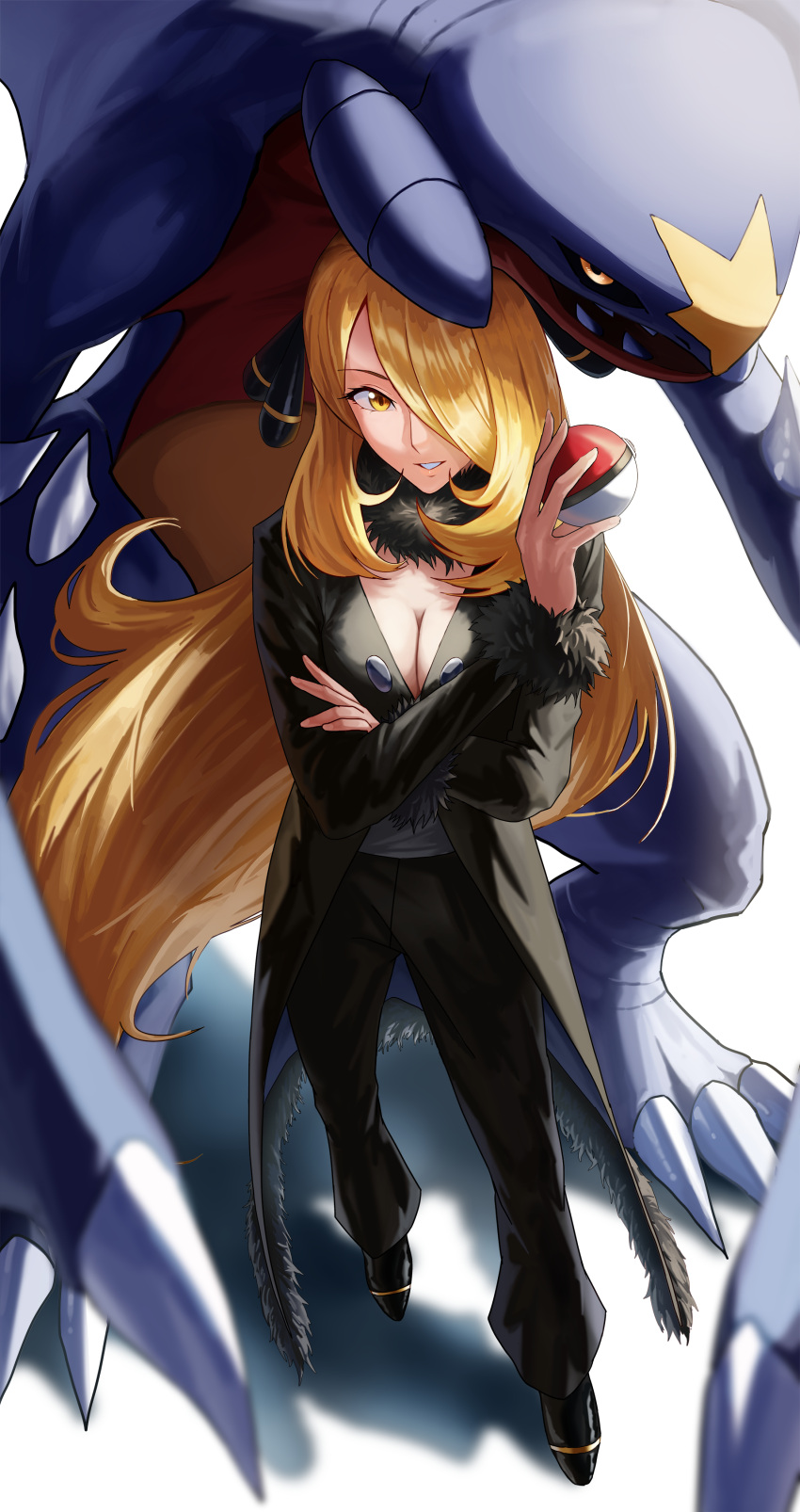 1girl absurdres alternate_eye_color black_coat black_pants blonde_hair blurry breasts cleavage coat crossed_arms cynthia_(pokemon) depth_of_field fur_collar fur_trim garchomp hair_ornament hair_over_one_eye hand_up highres holding holding_poke_ball large_breasts long_hair mandei_(nao_1234567) pants parted_lips poke_ball poke_ball_(basic) pokemon pokemon_(game) pokemon_dppt very_long_hair yellow_eyes