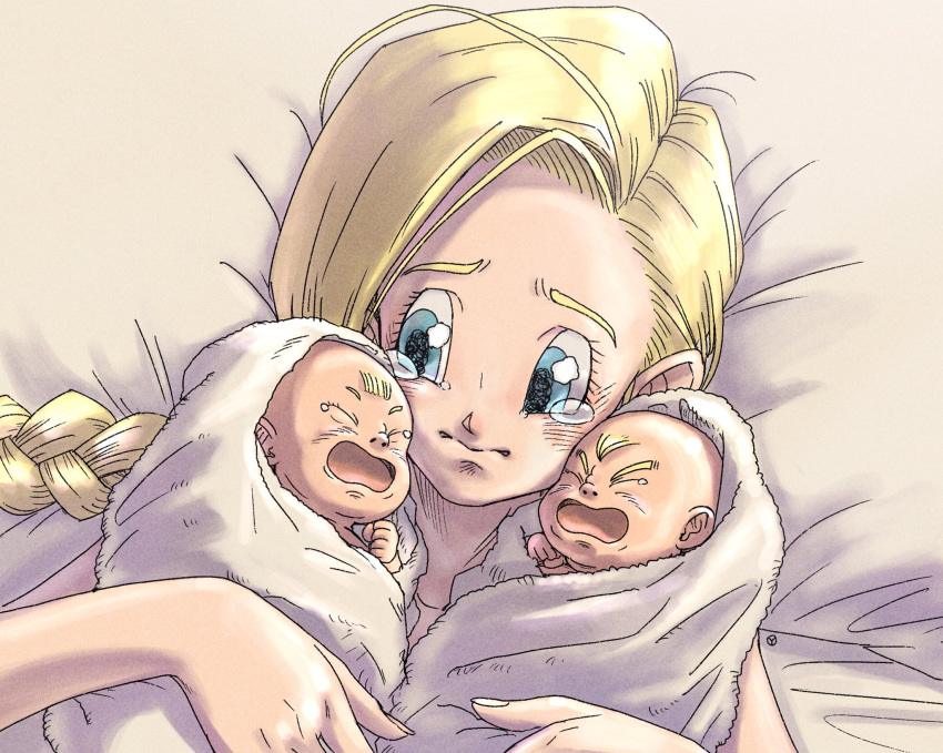 1boy 2girls baby bed_sheet bianca_(dq5) blonde_hair blue_eyes braid brother_and_sister closed_eyes closed_mouth commentary_request crying dragon_quest dragon_quest_v hair_behind_ear hero's_daughter_(dq5) hero's_son_(dq5) highres holding_baby long_hair looking_at_another lying mother's_day mother_and_daughter mother_and_son multiple_girls on_back open_mouth pillow siblings single_braid tears twins upper_body yuto_sakurai