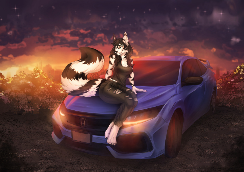 2023 4_toes 5_fingers anthro black_body black_fur black_hair breasts clothed clothing detailed_background digital_media_(artwork) eyebrows eyelashes feet female fingers fur hair hi_res kristiana_puff outside smile solo teeth toes