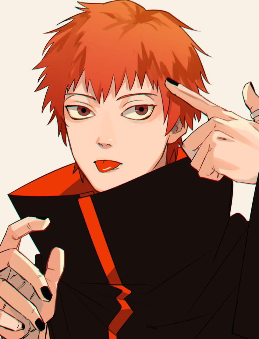 1boy akatsuki_uniform bags_under_eyes black_nails brown_eyes highres jewelry male_focus mirin_(coene65) nail_polish naruto_(series) orange_hair ring sasori_(naruto) short_hair simple_background solo thumb_ring tongue tongue_out white_background