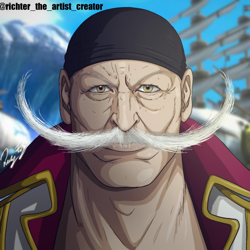 1boy artist_name bandana cape closed_mouth edward_newgate facial_hair highres looking_at_viewer male_focus mustache one_piece profile richter_524 signature solo