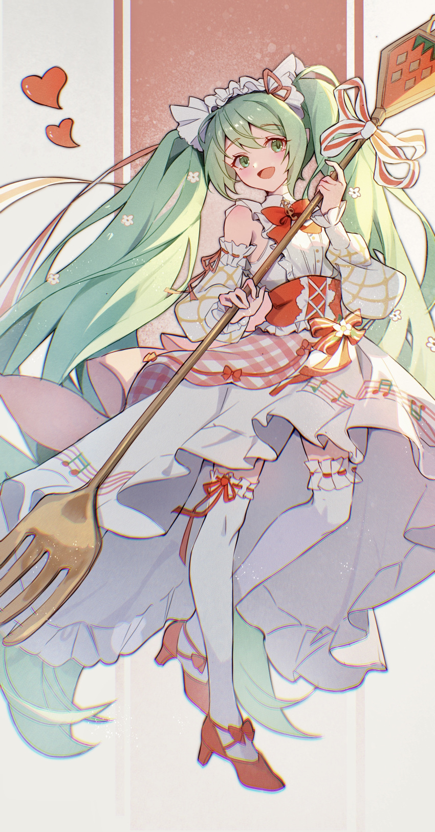 1girl absurdres blush bow bowtie cloudyman collared_dress detached_sleeves dress english_commentary facing_viewer flower fork frilled_dress frills full_body green_eyes grey_hair hand_up hatsune_miku heart high_heels highres holding holding_fork long_hair long_sleeves looking_ahead maid_headdress musical_note musical_note_print open_mouth red_bow red_bowtie red_footwear red_ribbon ribbon sleeveless sleeveless_dress smile solo standing very_long_hair vocaloid white_dress white_flower white_theme