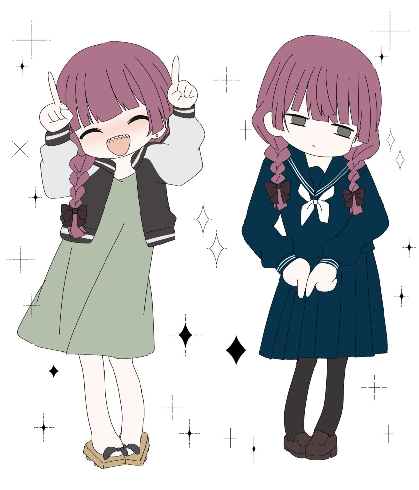 2girls :d black_bow black_pantyhose blue_shirt blunt_bangs blush bocchi_the_rock! bow braid closed_eyes closed_mouth dancing dress dual_persona full_body geta green_dress grey_eyes hair_bow hair_over_shoulder highres hiroi_kikuri horns_pose internet_yamero jacket loafers long_hair long_sleeves looking_away marumaruru medium_dress multiple_girls neckerchief needy_girl_overdose open_clothes open_jacket open_mouth pantyhose pleated_skirt pointing pointing_down pointing_up purple_hair sailor_collar school_uniform serafuku sharp_teeth shirt shoes single_braid skirt smile sparkle standing teeth twin_braids white_neckerchief