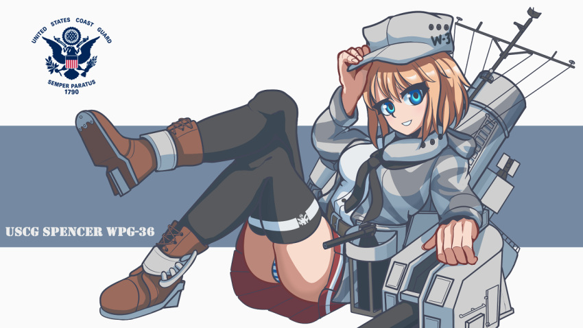 1girl black_neckerchief black_thighhighs blonde_hair blue_eyes boots breasts brown_footwear camouflage camouflage_jacket character_name commission grey_headwear hat jacket long_sleeves looking_at_viewer machinery mast mecha_musume medium_breasts miniskirt neckerchief original panties personification phenol_r pleated_skirt red_skirt ship short_hair skirt smile smokestack solo striped striped_panties thighhighs underwear united_states_coast_guard uscgc_spencer_(wpg-36) watercraft