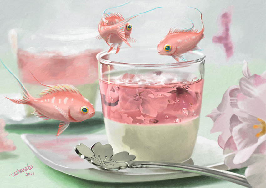 absurdres animal_focus blurry blurry_background cherry_blossoms cup dated fish flower food food_focus gelatin highres no_humans original pink_flower plate shadow signature spoon surreal tainosuke white_flower