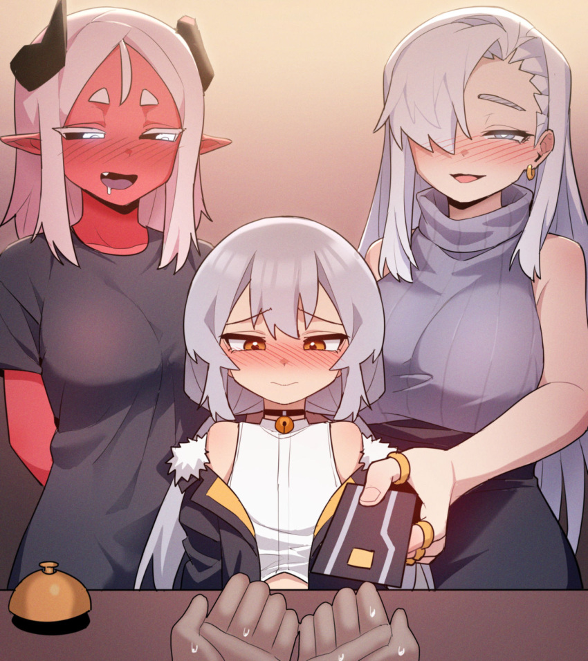 1boy 2girls arms_behind_back bell black_sclera black_shirt blush breasts broken_horn card colored_sclera colored_skin credit_card demon_girl demon_horns earrings fang green_eyes grey_hair grey_sweater hair_over_one_eye highres holding holding_card horns ikr_(artist) jewelry large_breasts long_hair looking_at_another looking_at_viewer multiple_girls neck_bell nose_blush open_mouth otoko_no_ko pointy_ears pov pov_hands red_skin ring shirt short_sleeves sleeveless sleeveless_shirt sleeveless_sweater smile sweater thumb_ring tongkkangi tongkkangi_(streamer) white_eyes white_shirt yellow_eyes