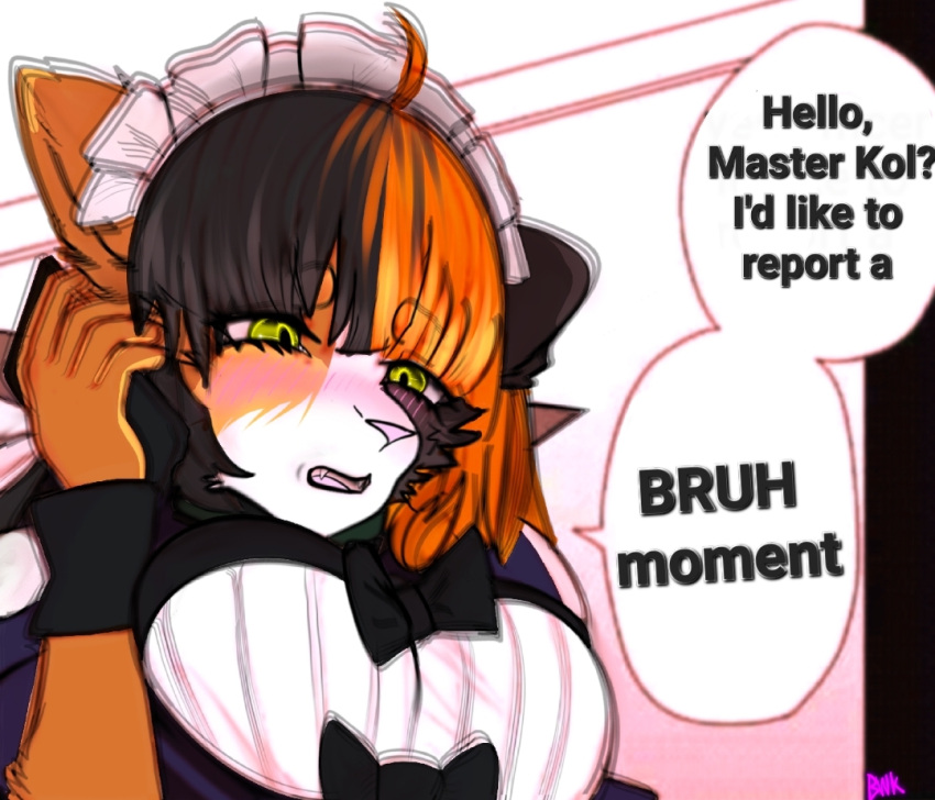 accessory anime_eyes anthro big_breasts bigwolfkol_(artist) black_body black_fur blush bow_(feature) bow_accessory bow_ribbon breasts bruh bruh_moment calico_cat calypso cellphone claws clothed clothing collar comic cuffs_(clothing) dialogue digital_media_(artwork) domestic_cat dress ears_back english_text eyebrows eyelashes fangs felid feline felis female fur green_eyes greeting hair hair_accessory holding_object maid_apron maid_uniform mammal manga meme narrowed_eyes open_mouth orange_body orange_fur phone phone_call pivoted_ears raised_eyebrow shocked shocked_expression shocked_face simple_background smartphone solo solo_focus speech_bubble teeth teeth_showing text tongue uniform white_body white_fur worried worried_face worried_for_other worried_look