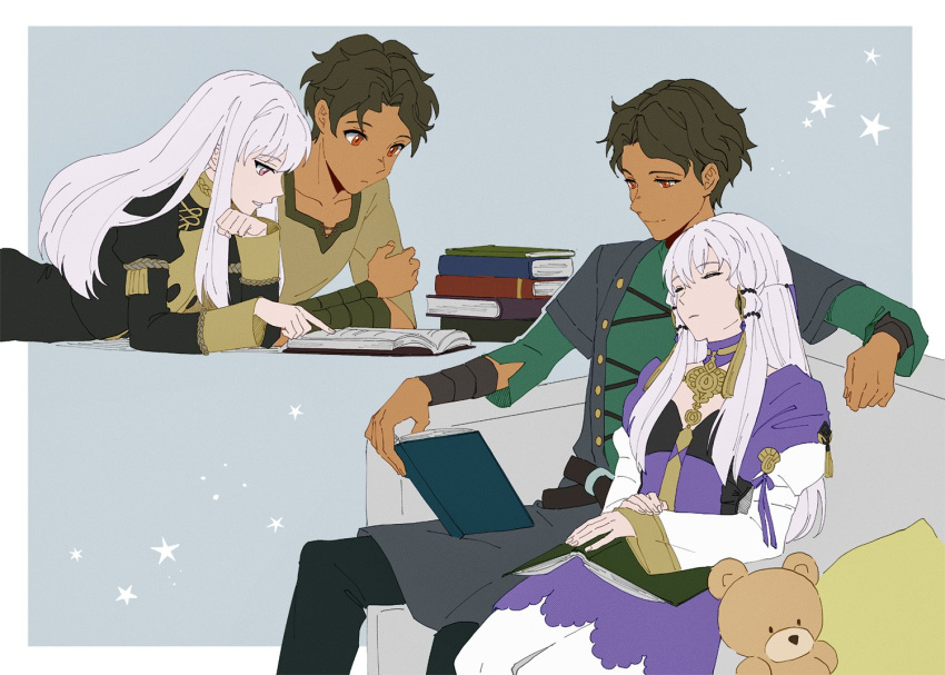 black_hair couple cyril_(fire_emblem) dark-skinned_male dark_skin fire_emblem fire_emblem:_three_houses garreg_mach_monastery_uniform lysithea_von_ordelia reading sleeping sleeping_on_person sophie_(693432) stuffed_animal stuffed_toy teddy_bear white_hair