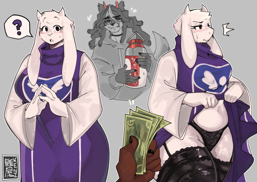 anthro banknote big_breasts big_ears bodily_fluids boss_monster bovid breasts canid canine caprine clothed clothing dreadlocks duo female fully_clothed fur garter_straps goat hi_res horn legwear lingerie long_ears male male/female mammal money prostitution ramenshopkenz robe robe_lift stockings sweat sweatdrop thick_thighs thigh_highs toriel undertale undertale_(series) white_body white_fur