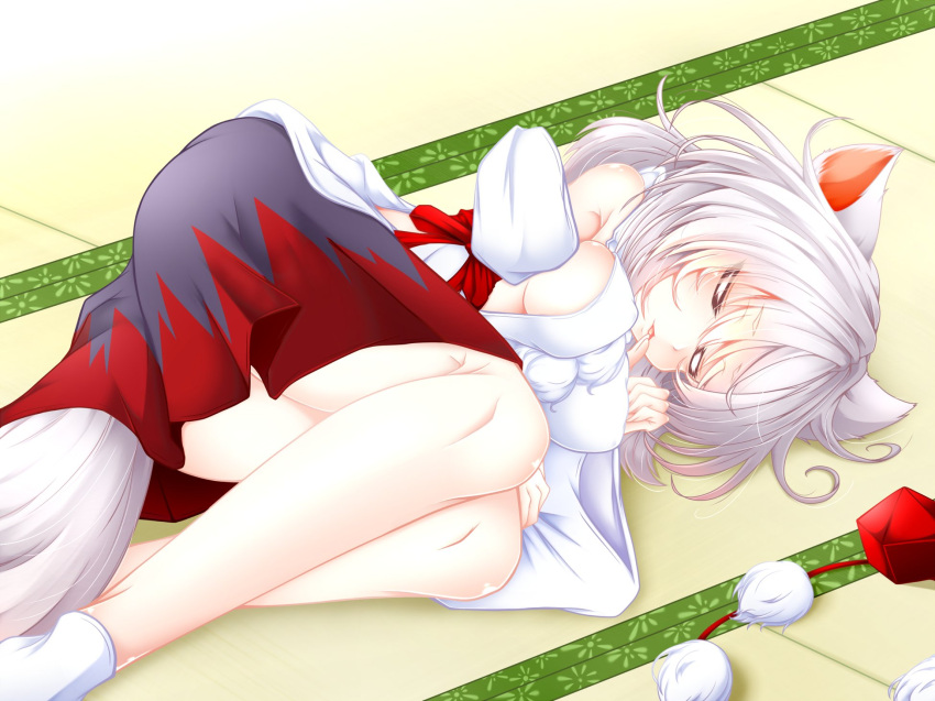 1girl animal_ears ass bare_legs bare_shoulders breasts closed_eyes commentary detached_sleeves hat highres inubashiri_momiji large_breasts legs lying medium_hair muumuu_(sirufuruteienn) on_side open_mouth sideboob skirt socks tail tatami thumb_sucking thumb_to_mouth tokin_hat tongue tongue_out touhou white_hair white_socks wolf_ears wolf_girl wolf_tail