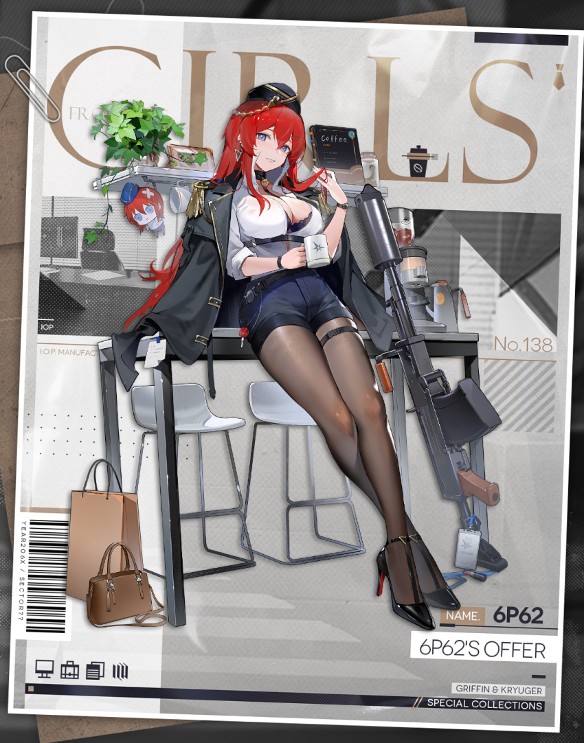 1girl 6p62 6p62_(6p62's_offer)_(girls'_frontline) 6p62_(girls'_frontline) :&lt; adjusting_hair bag bandage_on_hair barcode black_choker black_footwear black_headwear black_jacket black_pantyhose blue_eyes blue_shorts book bra breasts brown_bag chair character_doll character_name chest_strap choker cleavage coffee_maker_(object) coffee_pot commentary company_logo copyright_name crossed_ankles ear_piercing earrings english_commentary epaulettes full_body garrison_cap girls'_frontline gold_trim hair_between_eyes hair_ornament hairclip handbag hat high_collar high_heels highres jacket jacket_on_shoulders jewelry key lace-trimmed_bra lace_trim lanyard large_breasts leaning_on_table long_hair long_sleeves looking_at_viewer office_lady official_alternate_costume official_art pantyhose paperclip parted_lips partially_unbuttoned picture_frame piercing plant potted_plant promotional_art red_hair second-party_source shirt shorts smile snap-fit_buckle solo sticky_note thigh_strap underwear very_long_hair watch white_shirt wristwatch