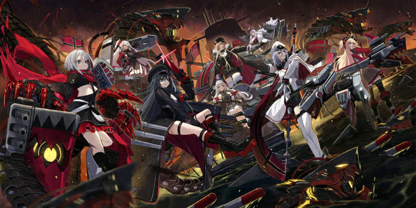 6+girls admiral_graf_spee_(azur_lane) admiral_hipper_(azur_lane) armband armpit_cutout artist_request azur_lane belt belt_buckle beret bismarck_(azur_lane) black_belt black_dress black_footwear black_gloves black_headwear black_jacket black_skirt black_thighhighs blonde_hair blue_eyes boots breasts buckle buttons cannon cape center_opening claws cleavage closed_mouth clothing_cutout cross cross-laced_footwear detached_sleeves deutschland_(azur_lane) double-breasted dress emblem expressionless fins fish_tail flag_print flat_chest floating frilled_dress frills full_body fur_collar fur_scarf fur_trim garter_straps german_flag gloves goggles goggles_on_headwear graf_zeppelin_(azur_lane) green_eyes grey_hair gun hair_between_eyes hair_ornament hand_to_own_mouth hand_up hat headgear highres holding holding_weapon iron_cross jacket joints kriegsmarine lace-up_boots large_breasts leg_up legs_apart legs_together long_hair long_sleeves looking_to_the_side machine_gun machinery mechanical_arms medium_breasts military military_hat military_uniform miniskirt multicolored_clothes multicolored_hair multiple_girls official_art orange_eyes over-kneehighs peaked_cap pencil_skirt pink_eyes platform_boots platform_footwear prinz_eugen_(azur_lane) red_hair red_scarf robot_joints rudder_footwear scarf sheath sheathed shoes short_dress short_hair short_hair_with_long_locks side_cutout sideboob sidelocks skirt small_breasts staff standing straight_hair streaked_hair sword tachi-e tail thigh_boots thighhighs tirpitz_(azur_lane) torn_clothes torn_scarf torpedo torpedo_tubes turret two-tone_hair two_side_up underboob underboob_cutout uniform weapon white_footwear white_gloves white_hair yellow_eyes z46_(azur_lane) zettai_ryouiki