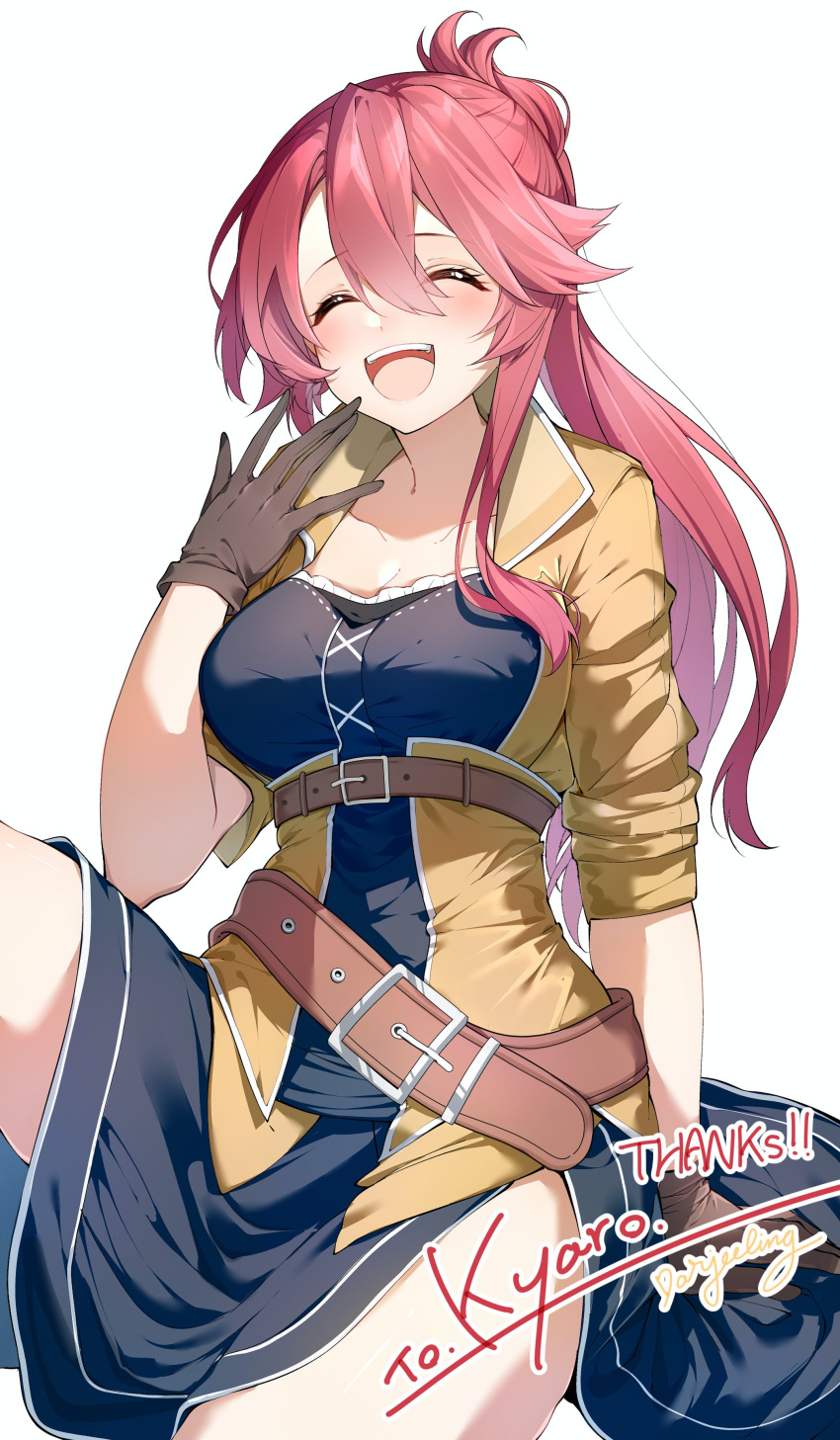1girl absurdres belt breasts cleavage_cutout closed_eyes clothing_cutout commission darjeeling_(reley) eiyuu_densetsu english_commentary english_text gloves highres large_breasts laughing open_mouth pink_hair ponytail sara_valestein sen_no_kiseki simple_background smile solo white_background