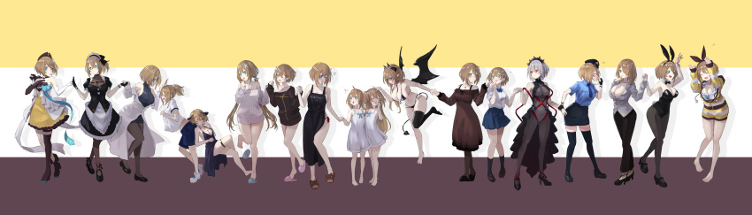1girl absurdres aged_down ahoge animal_ears animal_slippers aogiri_koukou apron aqua_eyes asymmetrical_footwear asymmetrical_gloves bare_shoulders barefoot between_breasts bikini black_apron black_bikini black_bow black_bowtie black_dress black_footwear black_gloves black_headwear black_horns black_leotard black_pants black_ribbon black_skirt black_socks black_sweater black_thighhighs black_wings blowing_whistle blue_necktie blue_ribbon blue_shirt blue_shorts blue_skirt blush bodystocking boots bow bowtie bra breasts brown_dress brown_footwear brown_hair chest_tattoo cleavage closed_eyes coat collar collarbone collared_shirt covered_navel demon_girl demon_horns demon_tail demon_wings detached_collar dress elbow_gloves fake_animal_ears fingerless_gloves flower footwear_bow frilled_dress frills gloves grey_dress grey_footwear grey_hair grey_shirt grey_sweater gym_uniform hair_flower hair_ornament hair_over_one_eye hair_ribbon hand_on_own_chest headpat height_difference highres holding_hands horns jewelry kkix25 kneehighs kurikoma_komaru lab_coat large_breasts latex latex_thighhighs leotard maid maid_headdress mismatched_gloves multicolored_clothes multicolored_dress multiple_girls naked_apron necklace necktie off-shoulder_sweater off_shoulder one_eye_closed open_mouth pants pantyhose partially_unzipped pink_footwear playboy_bunny police police_uniform policewoman ponytail rabbit_ears rabbit_pose rabbit_tail red_ribbon ribbed_dress ribbon school_uniform shirt shorts single_thigh_boot single_thighhigh skirt slippers socks striped striped_background striped_shorts striped_sweater sweater sweater_dress swimsuit tail tattoo thigh_boots thigh_strap thighhighs tongue twintails underwear uniform waist_apron white_apron white_bra white_coat white_collar white_dress white_flower white_footwear white_gloves white_shirt white_wrist_cuffs wings x_hair_ornament yellow_dress