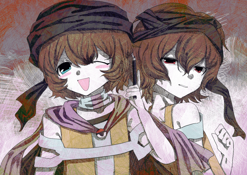 2others ;d absurdres androgynous bingkuaihei black_headwear blue_eyes brown_hair colored_skin dual_persona hair_between_eyes hand_up highres holding holding_pencil kuzu_suzumi len'en multiple_others one_eye_closed open_clothes open_mouth open_vest orange_vest other_focus pencil red_eyes shirt short_hair sleeveless sleeveless_shirt smile turban vest white_shirt white_skin