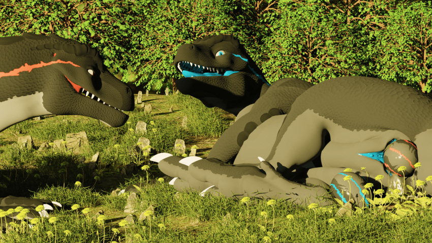 3d_(artwork) allosaurid allosaurus blazerwolfy blue_tongue bodily_fluids butt claws dandelion digital_media_(artwork) dinosaur duo egg egg_in_pussy egg_insertion female feral flower genitals hi_res looking_at_another looking_at_partner lying male on_side open_mouth oviposition plant pussy rear_view reptile rock scalie shrub spread_legs spreading theropod toe_claws tongue ziina