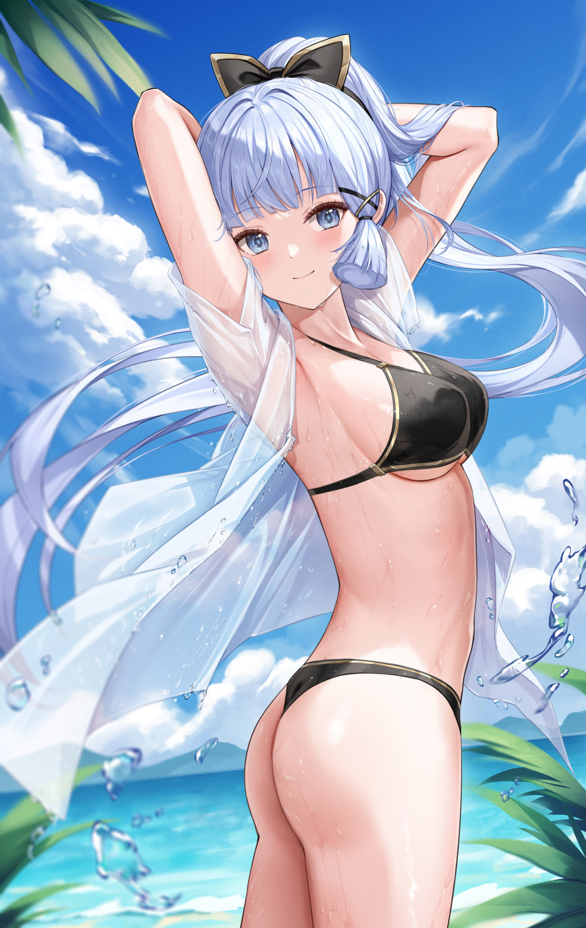 1girl absurdres alternate_costume armpits arms_behind_head arms_up ass bikini black_bikini blue_eyes blunt_bangs blurry bow breasts closed_mouth cowboy_shot day depth_of_field floating_hair from_side genshin_impact hair_bow hair_ribbon highres kamisato_ayaka long_hair looking_at_viewer looking_to_the_side lunacle medium_breasts no_pants open_clothes open_shirt outdoors ponytail ribbon see-through see-through_shirt shirt sideboob smile solo string_bikini swimsuit thighs tress_ribbon twisted_torso underboob very_long_hair wet wet_clothes wet_shirt white_hair white_shirt
