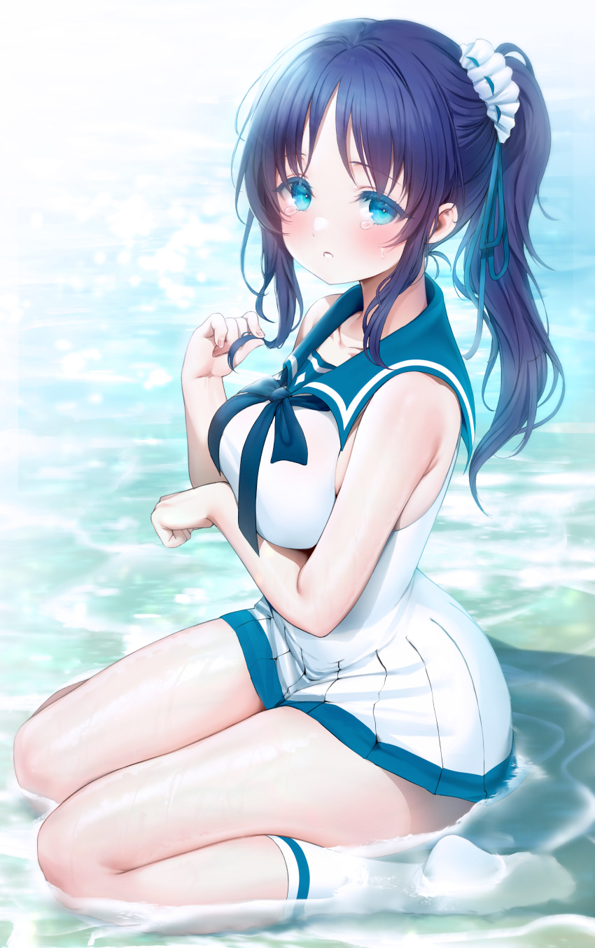 1girl absurdres aqua_eyes aqua_sailor_collar arm_under_breasts bare_arms black_hair blush breasts collarbone commentary_request dress hair_ornament hair_scrunchie highres hiradaira_chisaki long_hair looking_at_viewer medium_breasts na1tsu2me3 nagi_no_asukara parted_bangs parted_lips partially_submerged ponytail sailor_collar sailor_dress scrunchie sitting socks solo thighs wariza white_dress white_socks